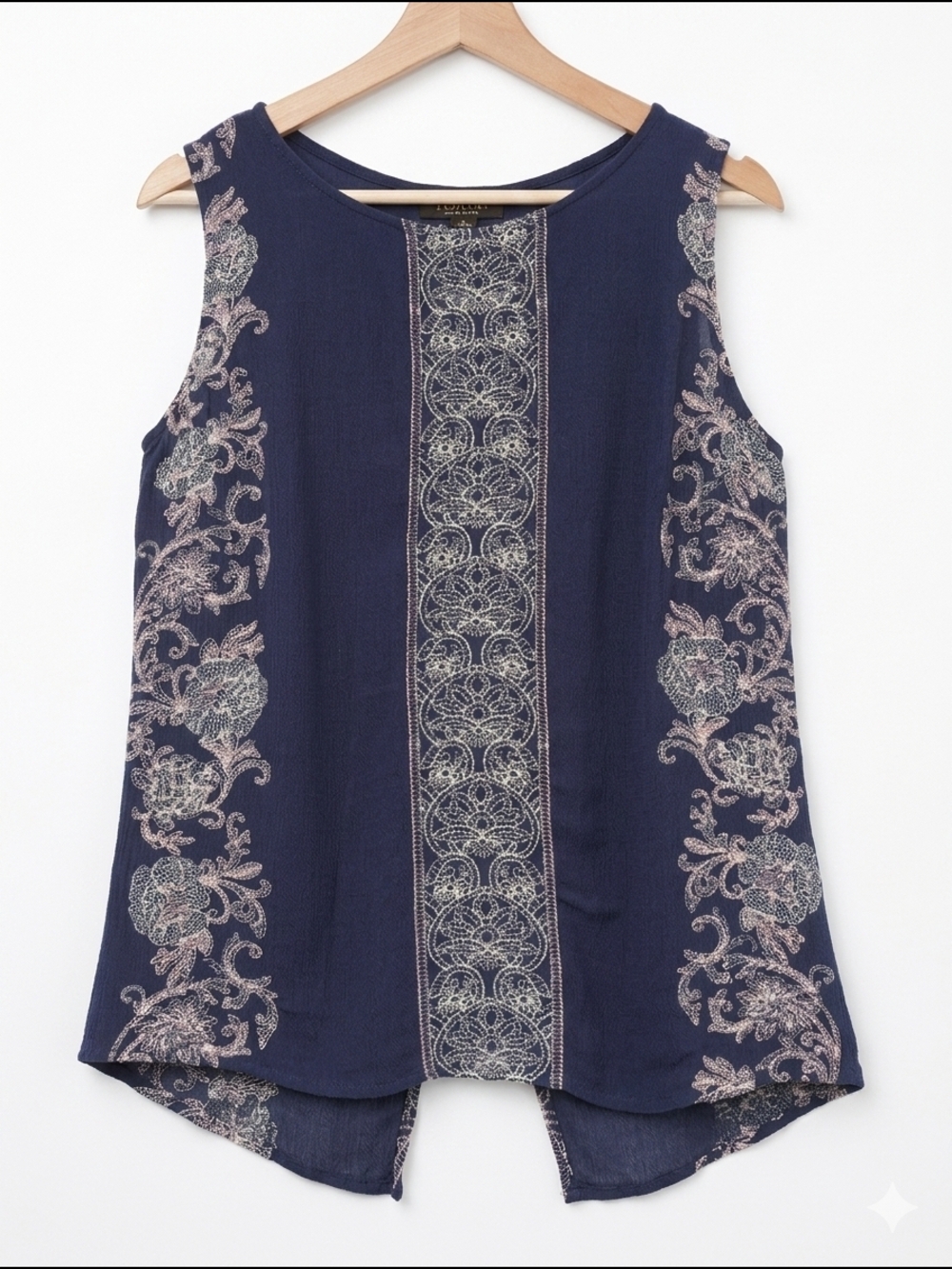 reneec Navy Blue Embroidered Sleeveless Top Split Back Boho Tank Size Small